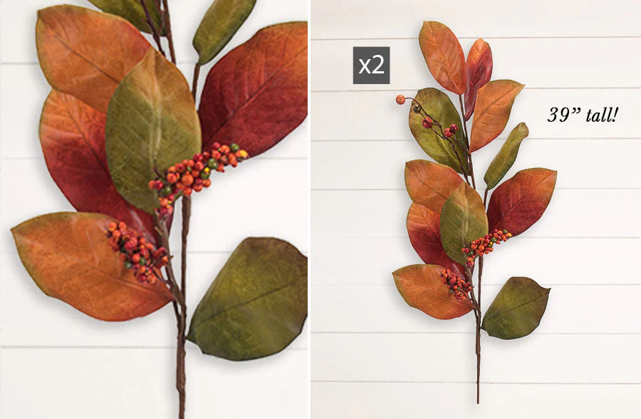 Orange Magnolia Leaves With Berries, Set of 2
