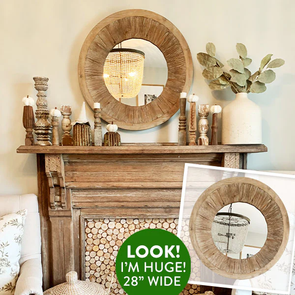 HUGE Vintage Inspired Distressed Wood Round Mirror