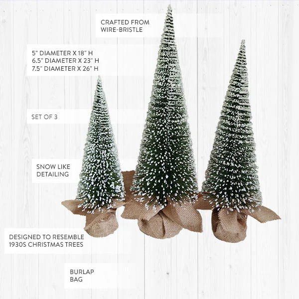 LARGE Bristle Christmas Trees with Burlap Sacks, Set of 3