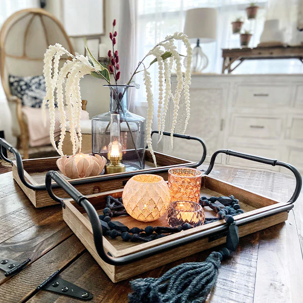 Weathered Wooden Trays with Rounded Metal Handles, Set of 2