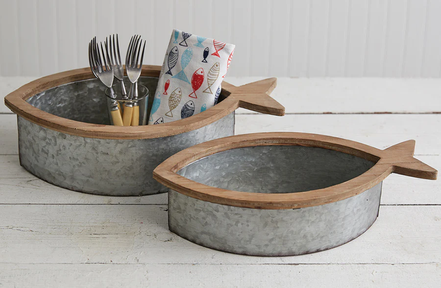 Wooden and Galvanized Fish Bins, Set of 2