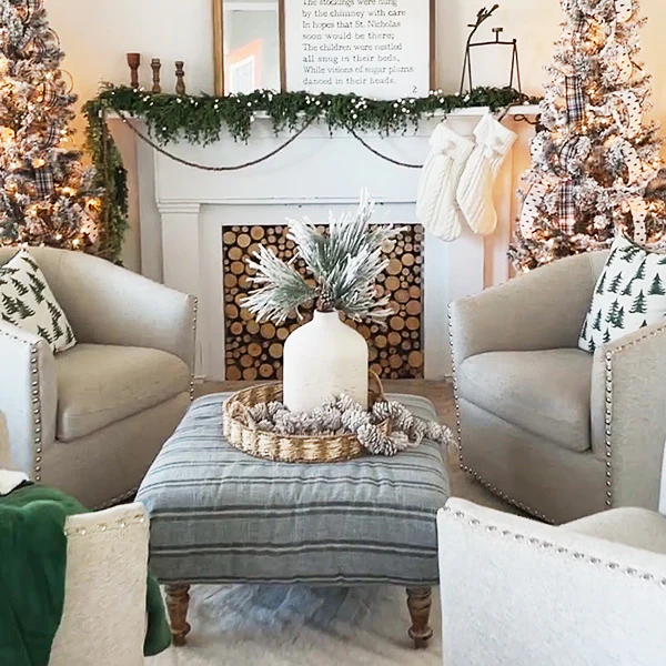 Large Striped Upholstered Ottoman