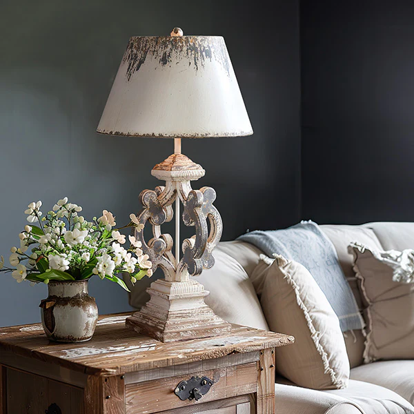Distressed Wooden Table Lamp with Metal Shade