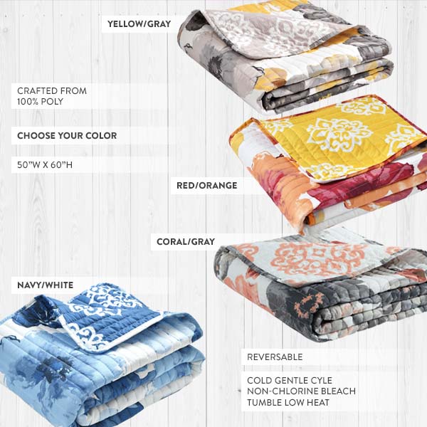 Reversible Floral and Damask Throw Blanket, Pick Your Color