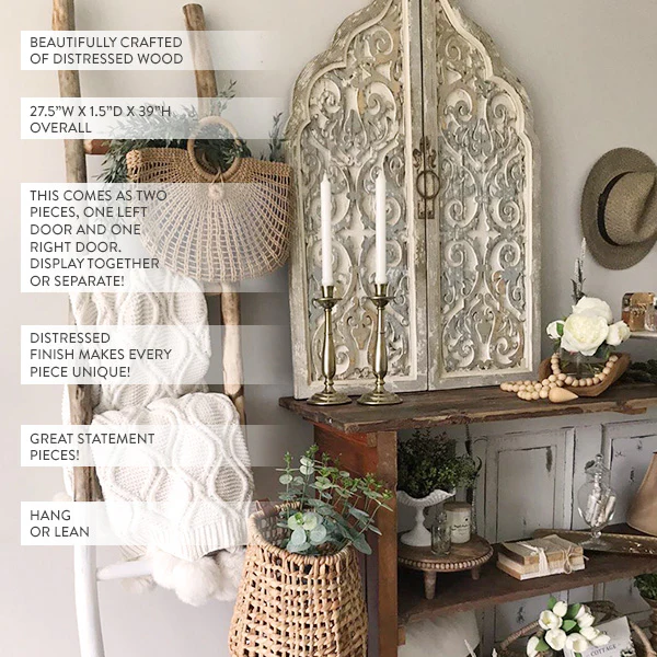 2 Piece Intricate Scroll Work Carved Wooden Doors