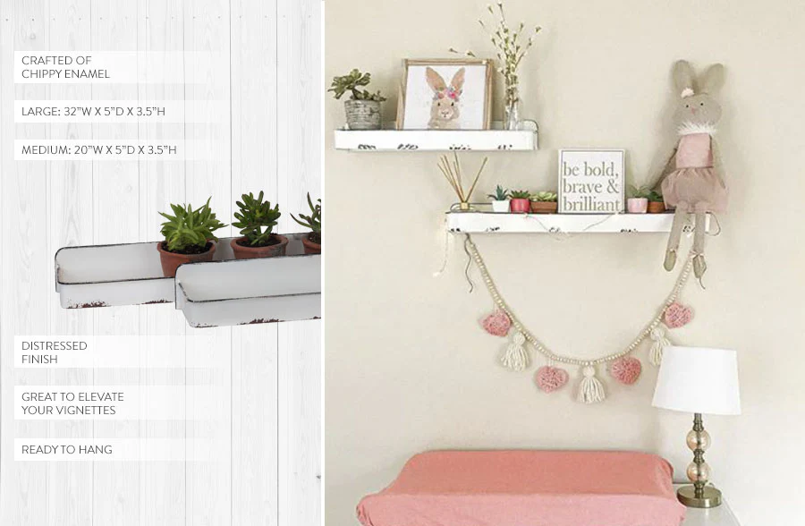 White Distressed Metal Wall Shelves, Set of 2