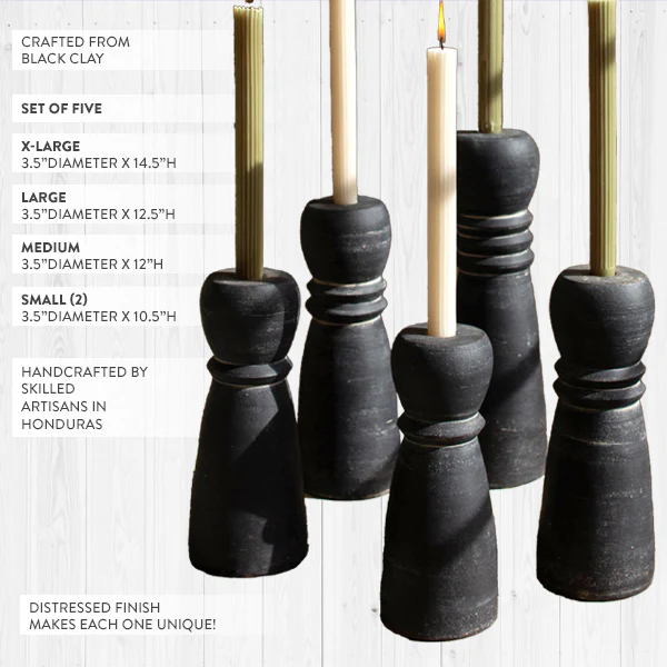 Large Clay Black Taper Candle Holders, Set of 5