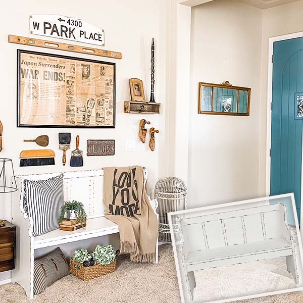 Distressed Ivory Pew Bench