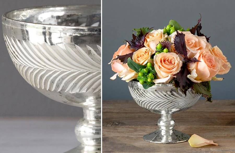 Mercury Glass Wreath Etched Compote