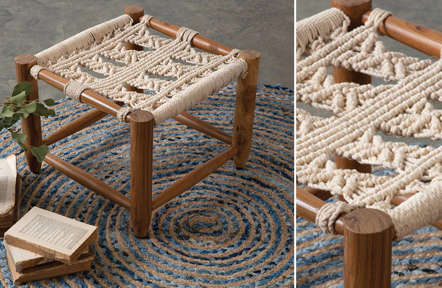 Macrame and Wooden Footstool
