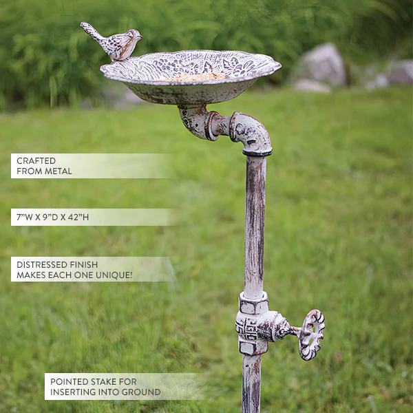 42 Inch Distressed Metal Faucet Garden Stake Birdfeeder