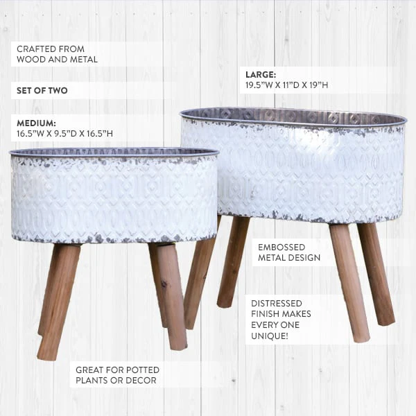 Embossed Metal Planters with Wood Legs, Set of 2