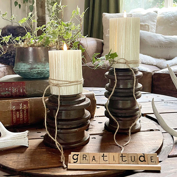 FOUND Repurposed Yarn Spool Antique Candle Holders, Set of 2