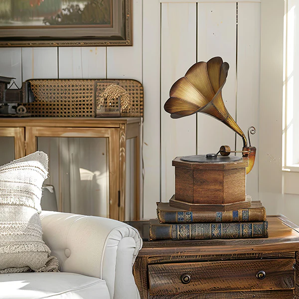 Wood and Copper Finish Decorative Gramophone