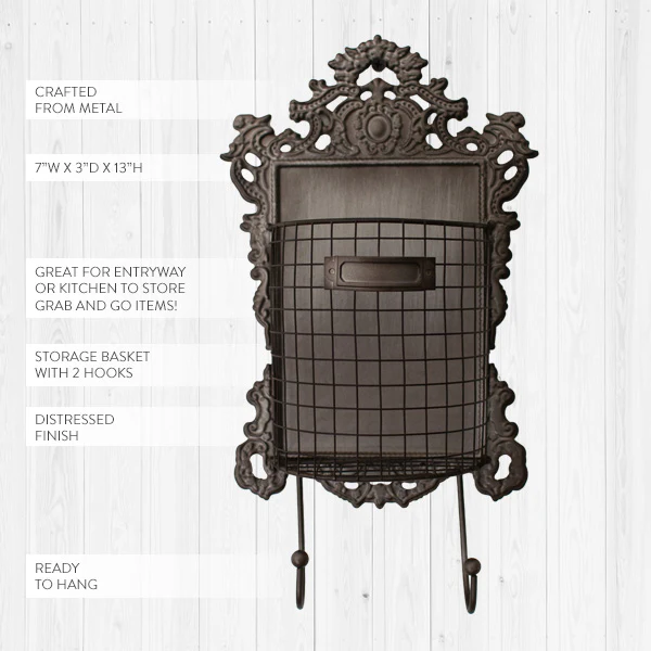 Ornate French Style Wall Basket with Hooks