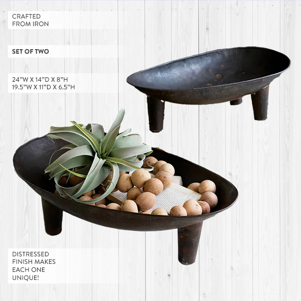 Distressed Oval Iron Bowls, Set of Two