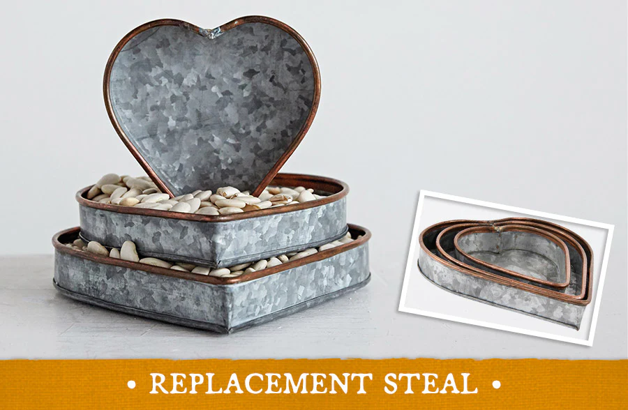 Heart Shaped Galvanized Metal Tray with Copper Rim, Set of 3