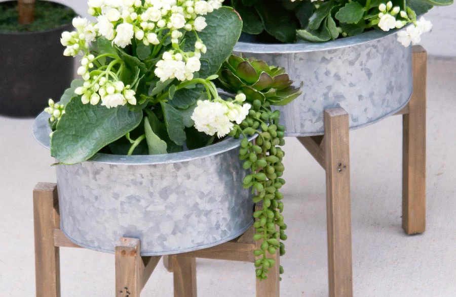 Galvanized Planters on Wooden Stand, Set of 2