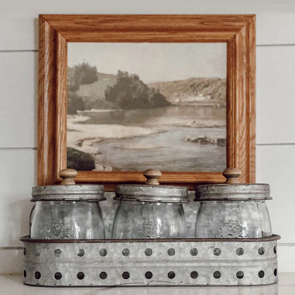 Three Glass Canisters with Storage Bin