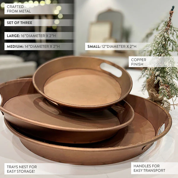 Set of Three Round Copper Finish Trays