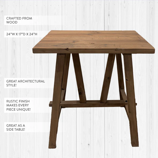 Reclaimed Wood End Table with Trestle Reinforced Sawhorse Base