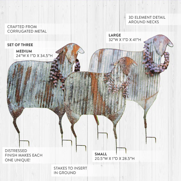 Corrugated Metal Sheep Christmas Yard Stakes, Set of 3
