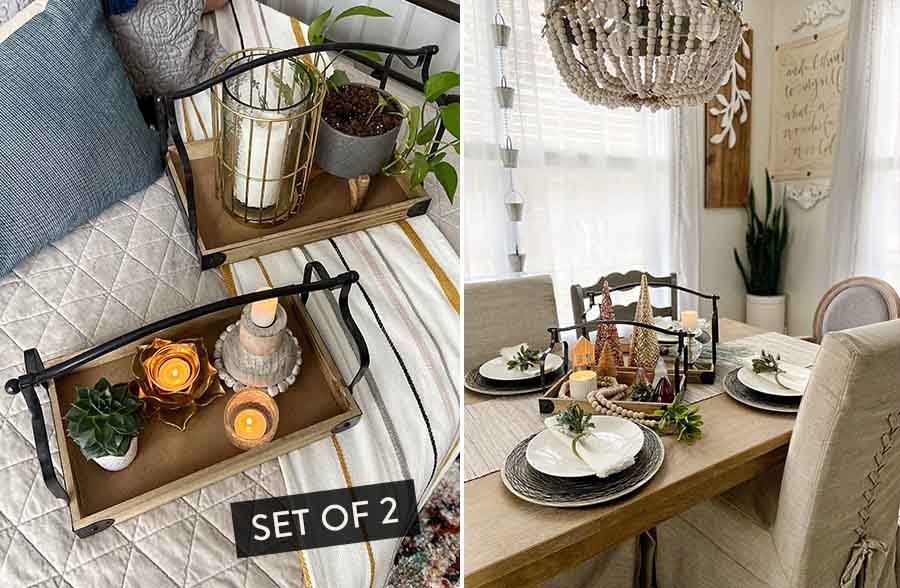 Modern Architectural Wooden Trays with Handles, Set of 2