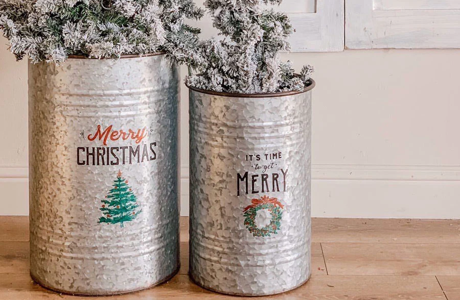 Galvanized Metal Drum Christmas Bins With Lids, Set of 2