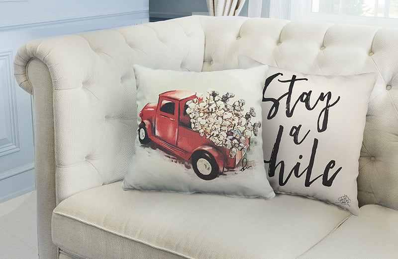 Double Sided Feedsack Red Truck Pillow Cover