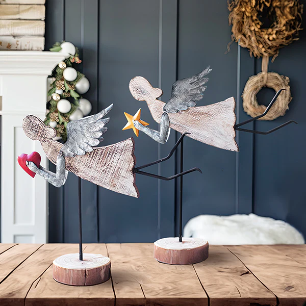 Wood and Metal Flying Angels, Set of 2