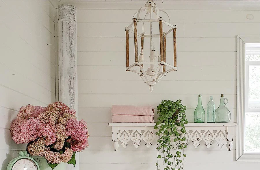 Chippy White Metal and Wood Chandelier