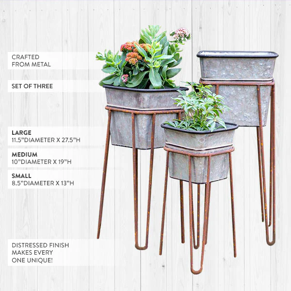 Galvanized Planters on Rusted Finish Stands, Set of 3