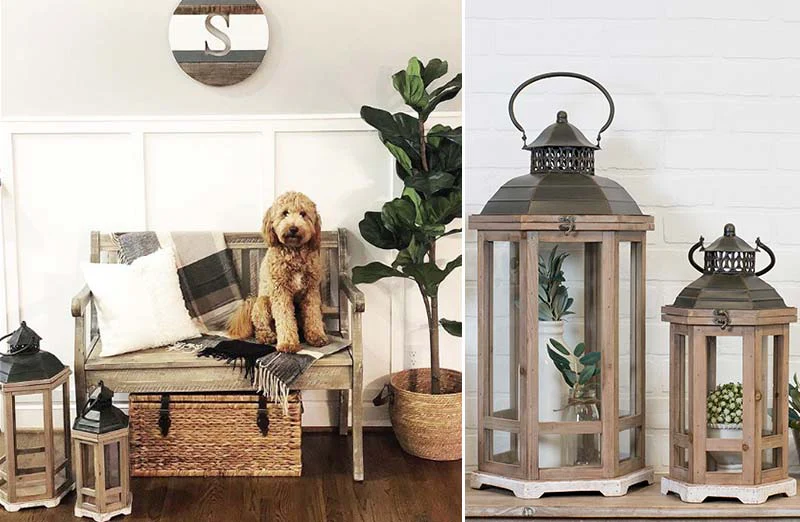 Cottage Wooden Floor Lanterns  Set of 2