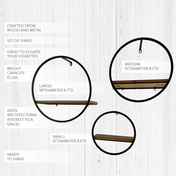 Circular Metal and Wood Shelves, Set of 3