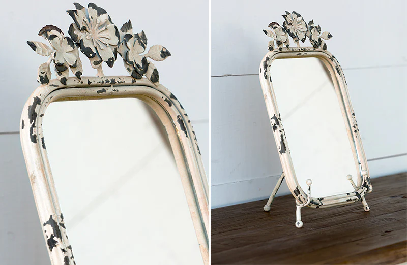 Standing Mirror With Metal Flowers