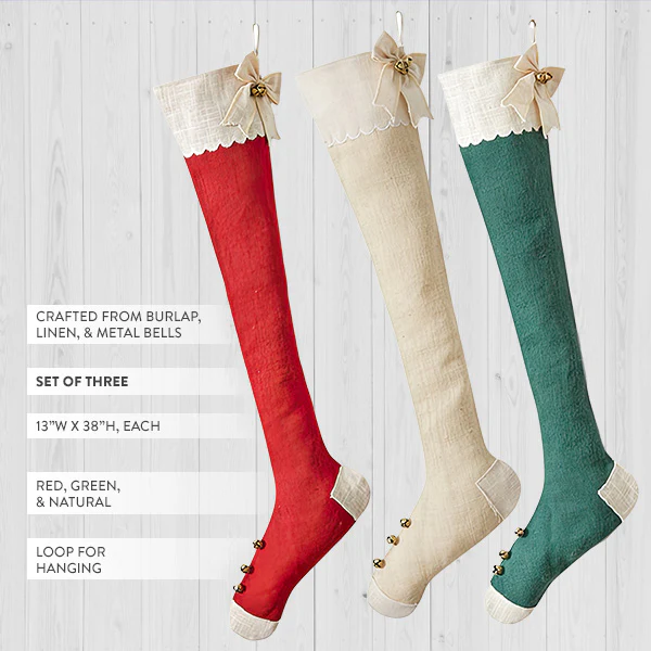 Heirloom Christmas Stockings with Metal Bells, Set of 3