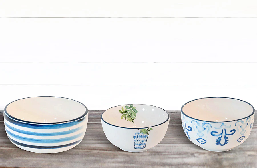 Ceramic Hand painted Blue Topiary Bowls, Set of 3