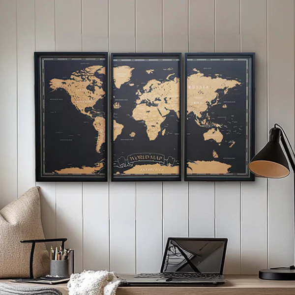 Wood Framed World Map Wall Art, Set of 3