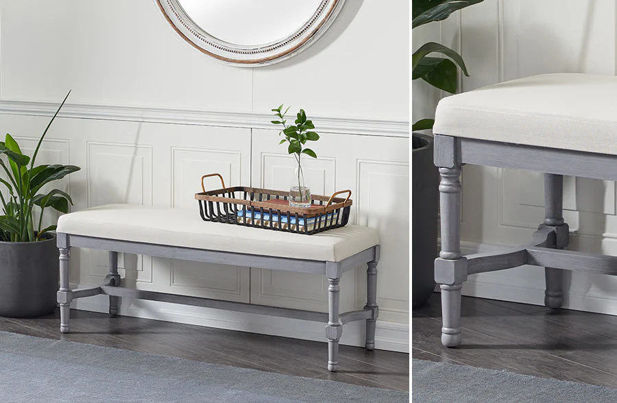 Vintage Grey Cushioned Linen Bench