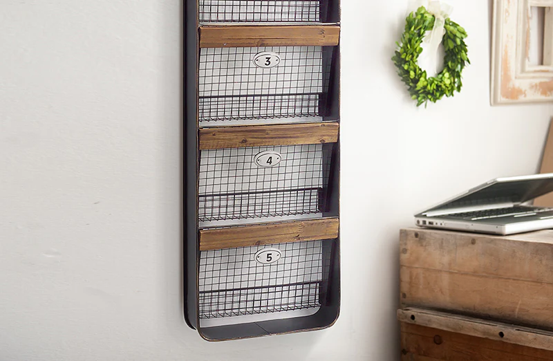 HUGE Five Basket Wood and Metal Wall Organizer