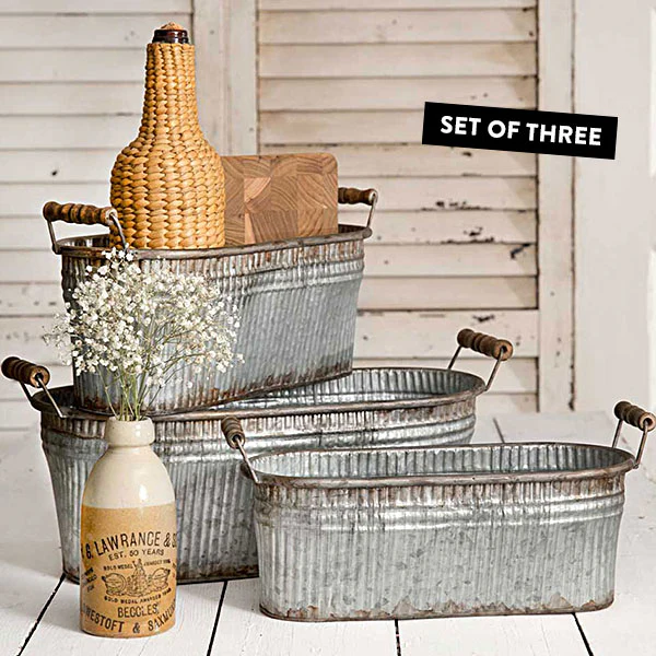 Rustic Bins with Wood Handles, Set of 3
