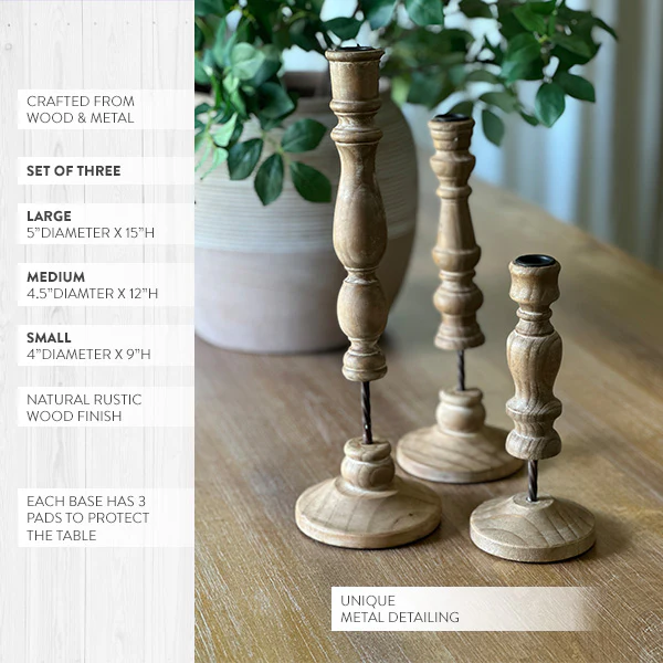 Carved Wooden Candlesticks, Set of 3