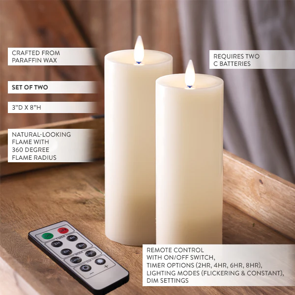 8 inch Infinite Wick Wax Pillar Candles, Set of 2