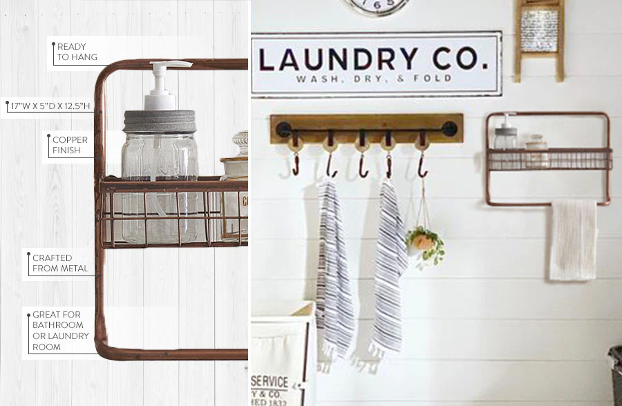 Copper Finish Wall Basket with Towel Bar