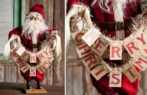 Vintage Santa with Merry Christmas Card Garland