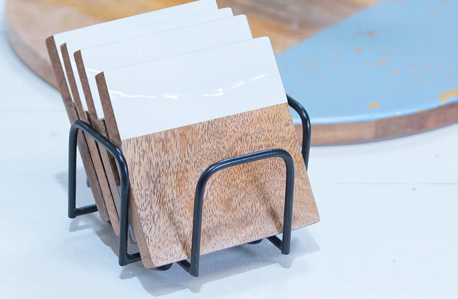 Two-Toned Mango Wood Coasters with Holder, Set of 4