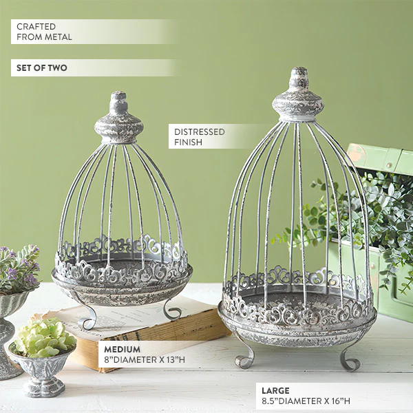 Distressed Metal Candle Cloche with Ornate Base, Set of 2