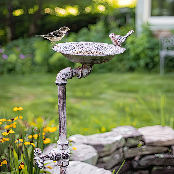 42 Inch Distressed Metal Faucet Garden Stake Birdfeeder