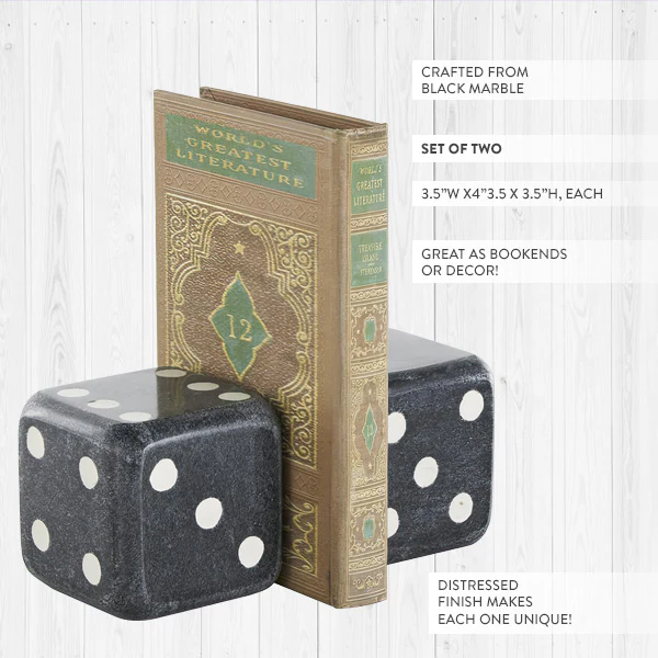 Black Marble Dice Bookend, Set of Two
