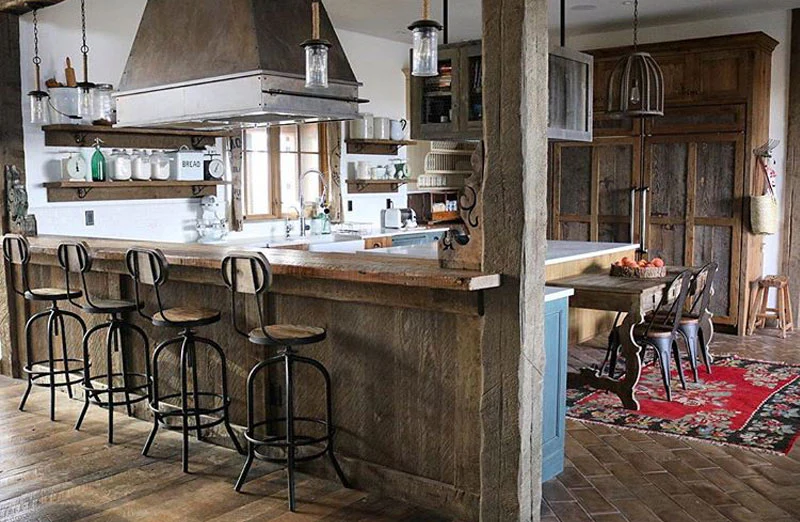 Distressed Natural Elm Wood Bar Stool With Back